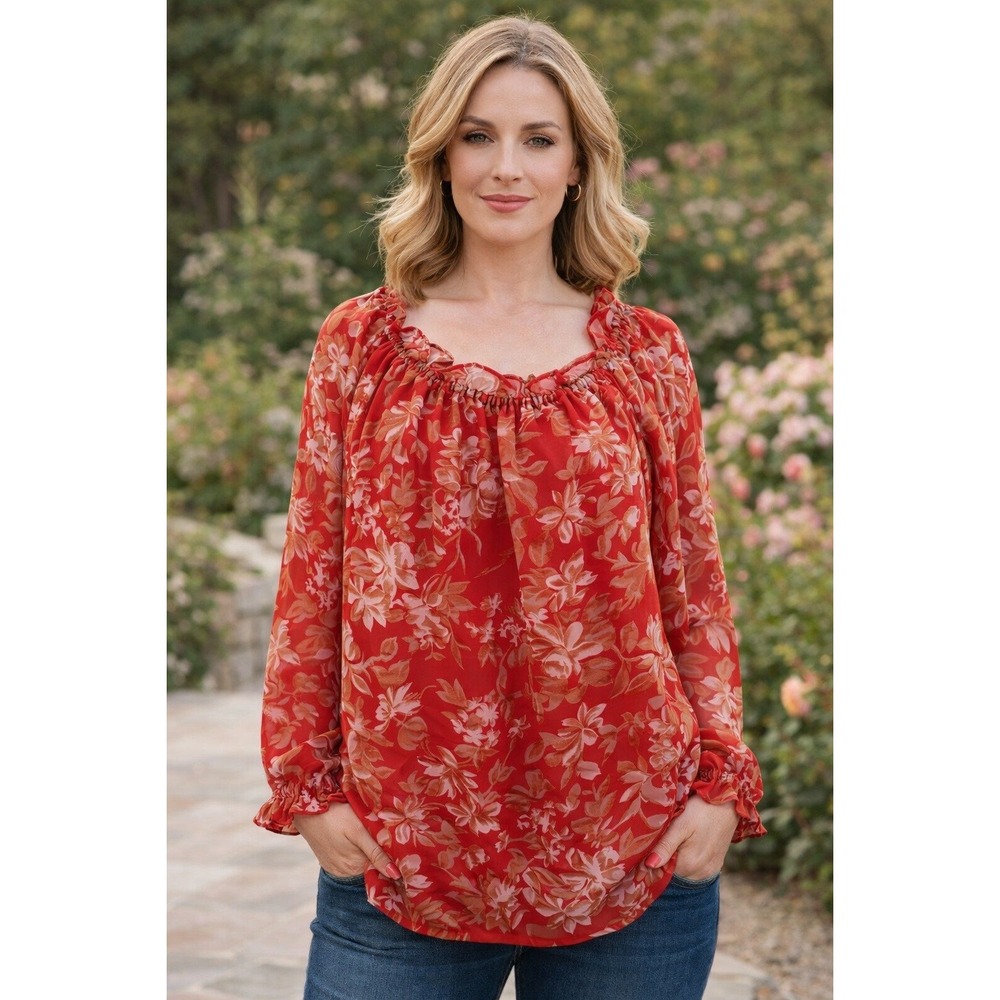 Adini Top‎ Womens Sz 1X Floral Long Sleeve Red Pleated Tunic Cottage Grandma NWT
